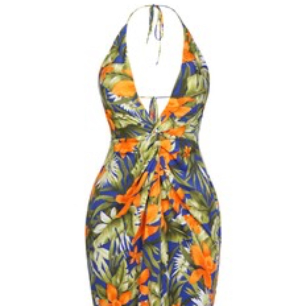 ROYAL TROPICAL PRINT HALTER MAXI DRESS